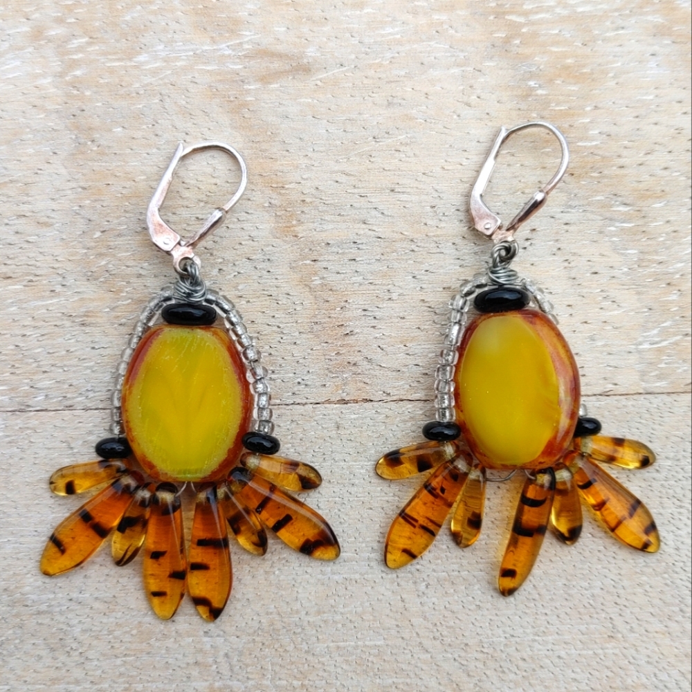 Artsy Amber and Beaded Earrings with leverback hooks (2") - Picture 9 of 9